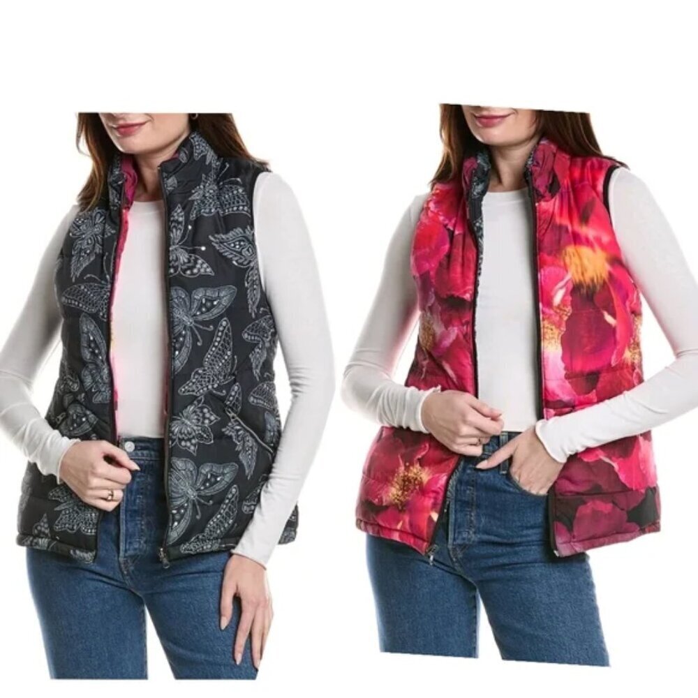 NWT$328 JOHNNY WAS Braemar REVERSBLE Black Pink Puffer Vest Butterfly Floral SML